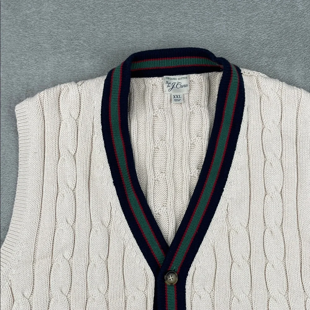 J.‎ Crew XXL 100% Organic Cotton Ivory Cable Knit Vest with Navy and Red Trim